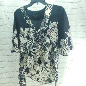 Atina Cristina Womens Black Floral V Neck Short Sleeve Tunic Blouse Top Size XS